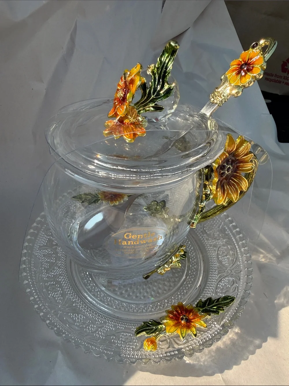 Sunflower Glass Teapot with Spoon and Saucer - Yellow Floral Accent